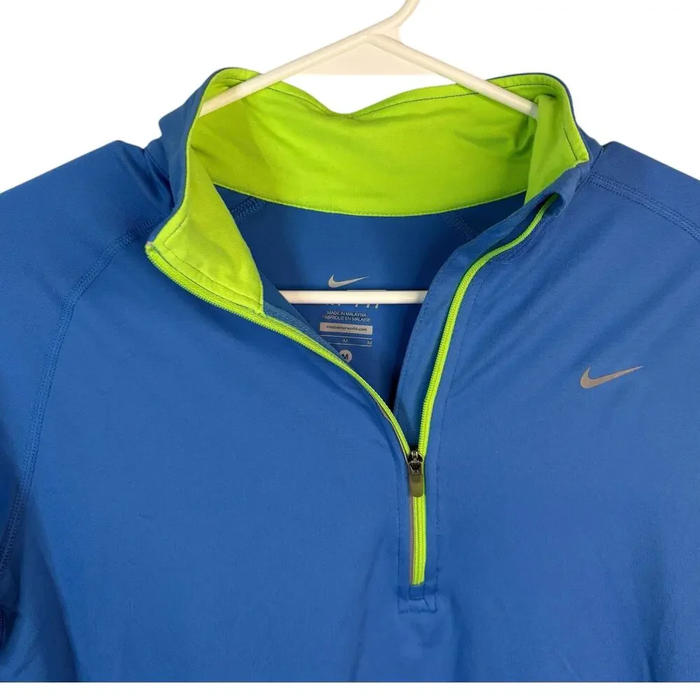Nike Athletic Dri-Fit Quarter Zip‎ Shirt M  Reflective Trim Blue Lime Green